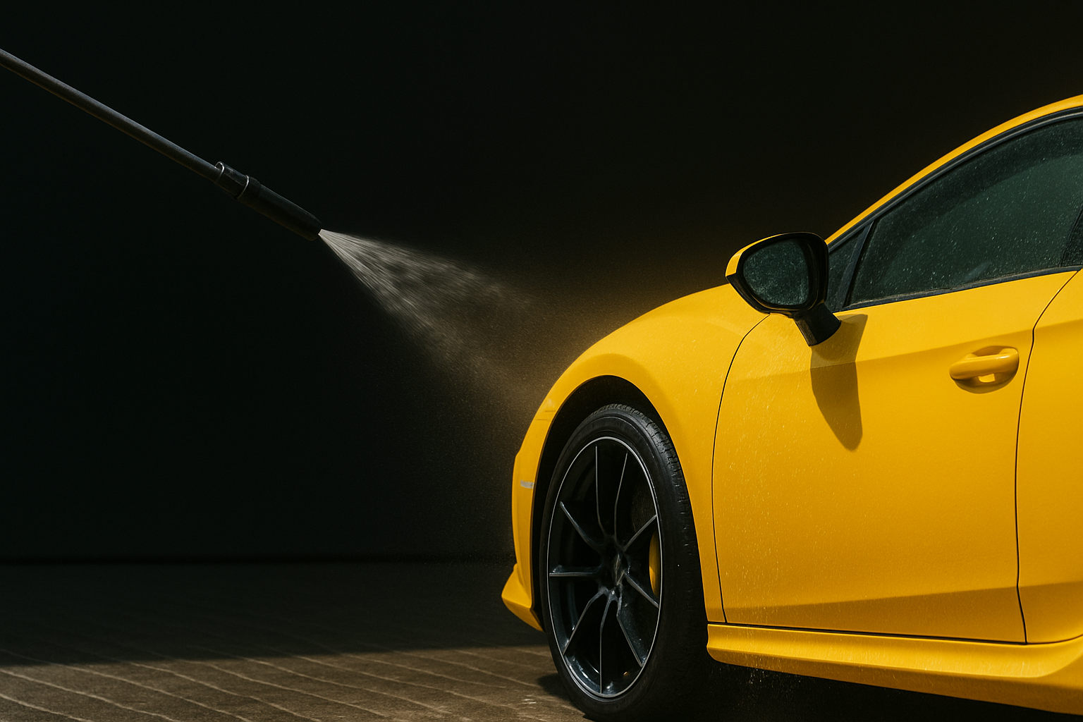 Carro amarelo sendo lavado com jato de alta pressão
